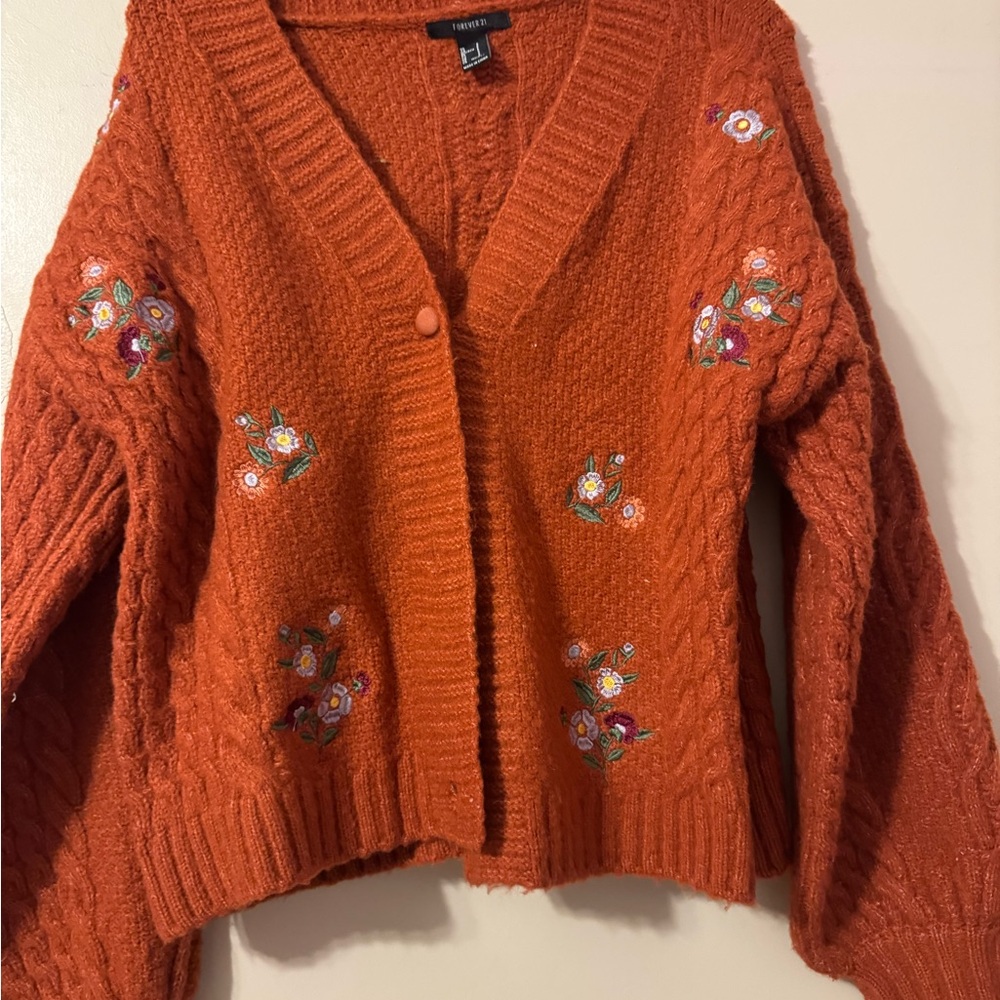 Autumnal Embroidered Orange Knit Cardigan